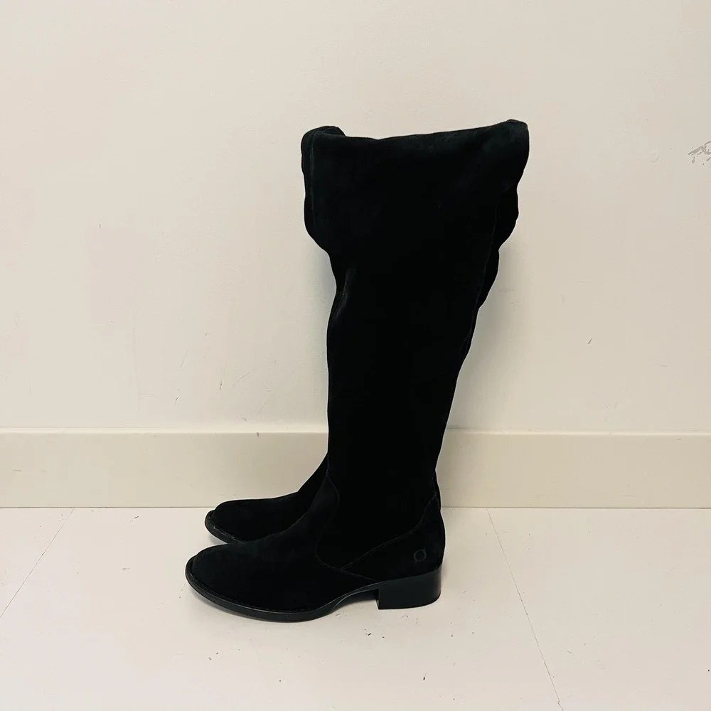 Born Boots Womens 6.5 Black Suede Over Knee Riding Zip Low Block Heel Shoes